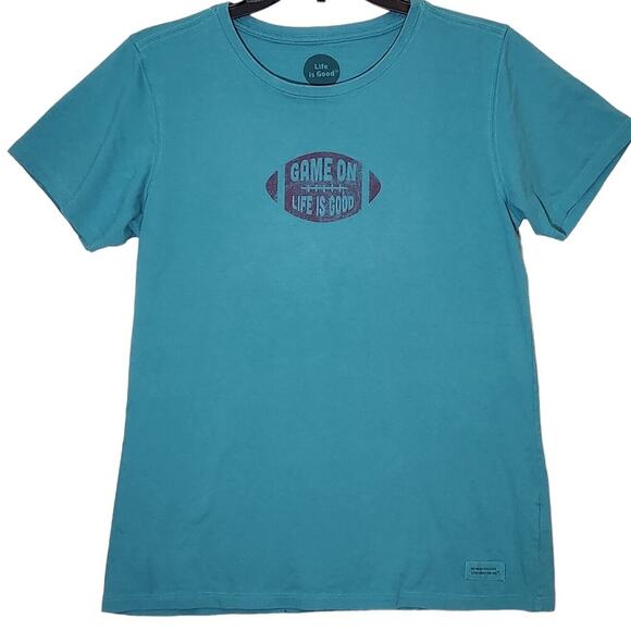 LIFE IS GOOD WOMENS T-SHIRT FOOTBALL BLUE TEAL COLLEGE NFL GAME DAY SZ MEDIUM - Picture 1 of 6
